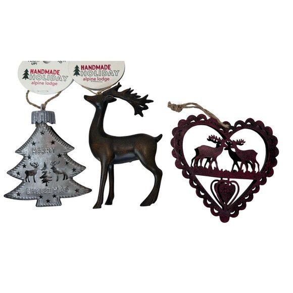 Christmas Ornaments Handmade Holiday‎ Alpine Lodge Set Of 3 Rustic Deer Tree NEW - Picture 1 of 14
